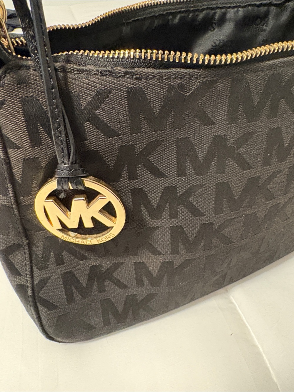 Michael Kors Black MK Logo Shoulder Bag with Gold Accent Charm